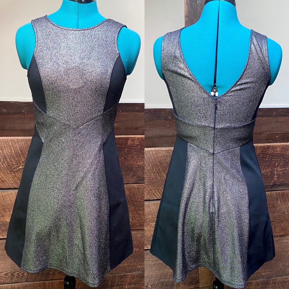 BCBGMaxAzria Joan of Arc Stretchy Skater Dress w/ Metallic Silver “Armor” Panels
